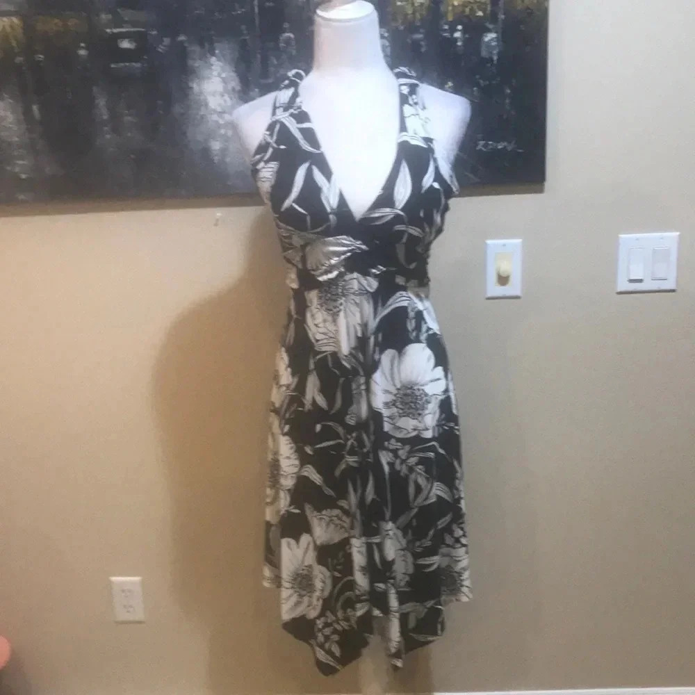 Nani Kai Hawaii Floral Halter Dress Asymmetrical Hem Open Back w/Tie Belt -M